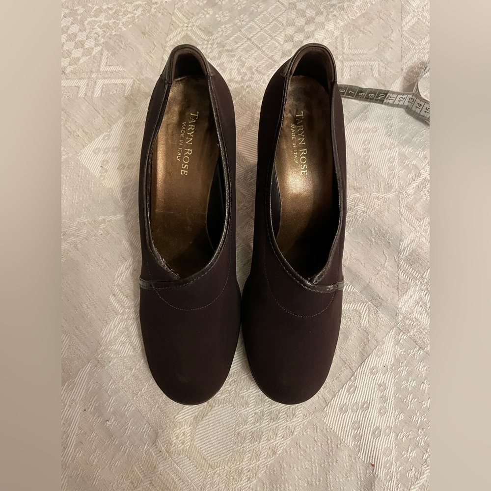 TARYN ROSE Size 9 Brown Leather Trim/Fabric Heels3” Pumps Shoes with box